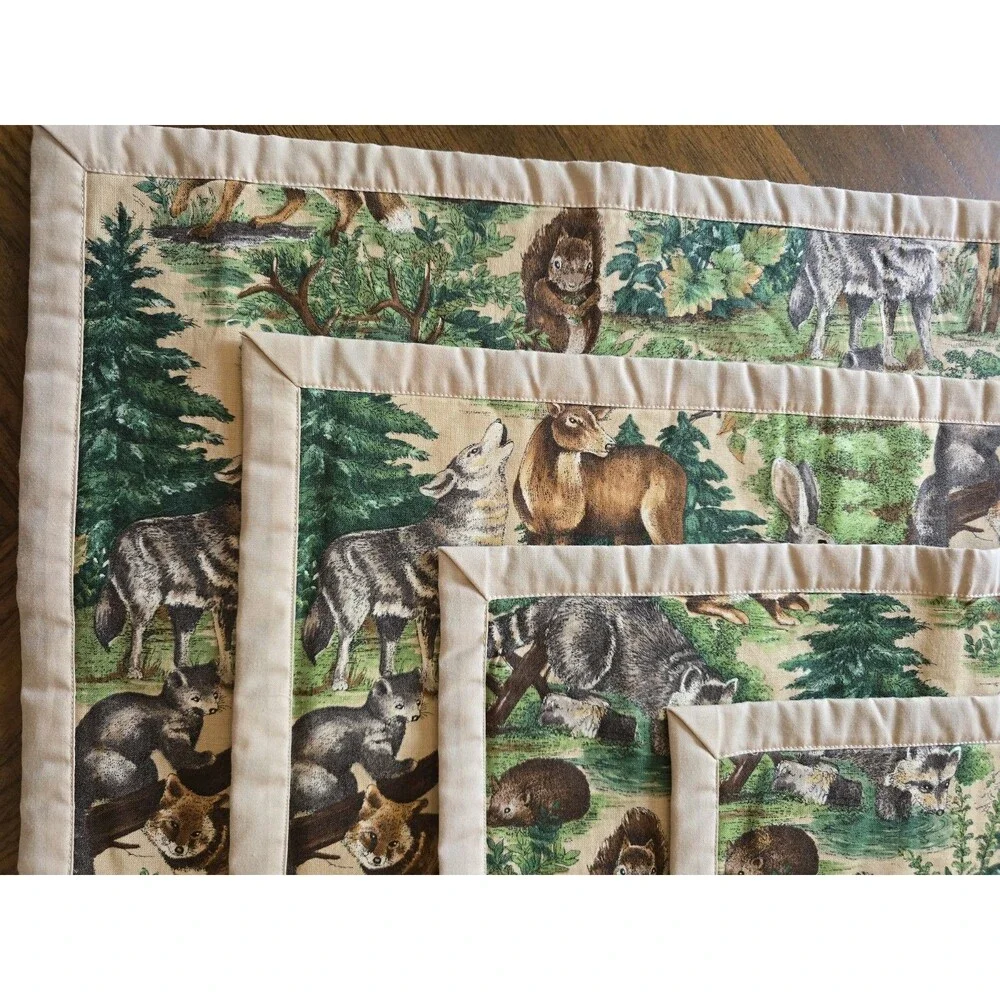 Vintage Woodland Forest Animal Placemats Set of 4 Deer Wolf Fox Raccoon Rabbit